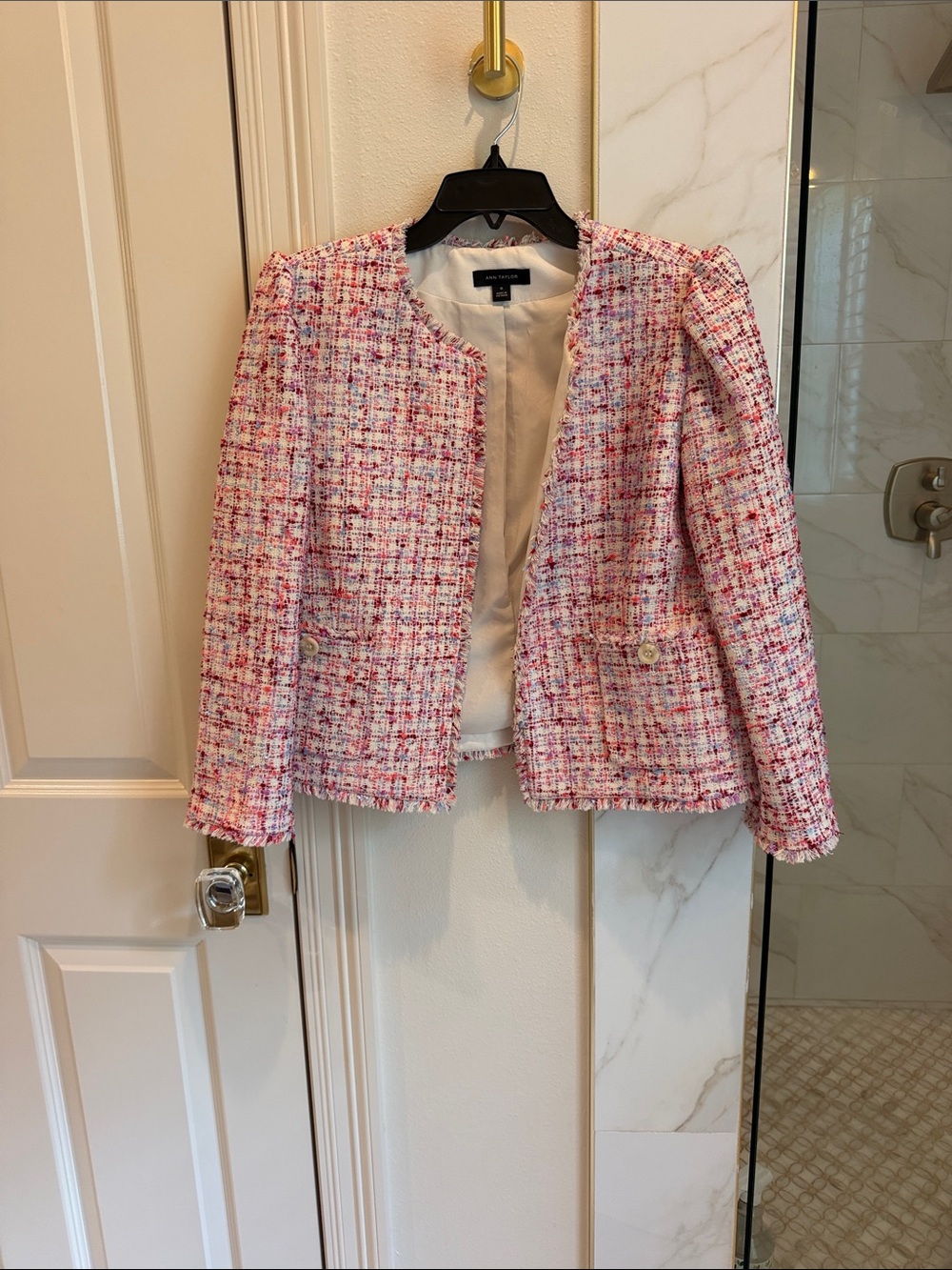 Ann Taylor Pink Multicolor Tweed Collarless Jacket